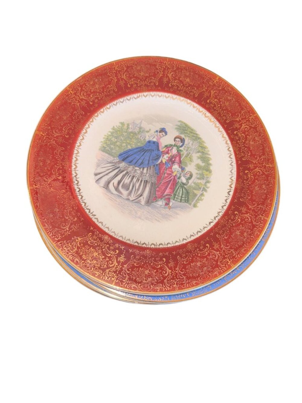 Century By Salem 22K Gold Trim Decorative Plates With Victorian Scene Red & Gold